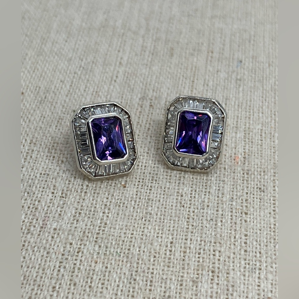 Vtg 925 Sterling Silver & Purple w Clear / White CZ Rectangle Stud Earrings